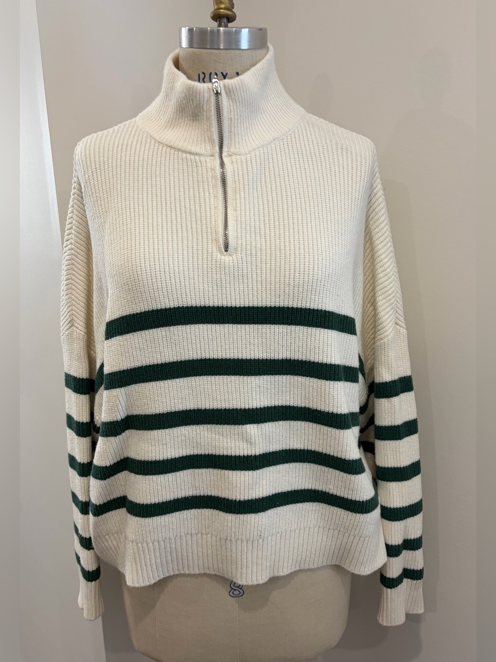 Mango Cream Half-Zip Sweater with Forest Green Stripes